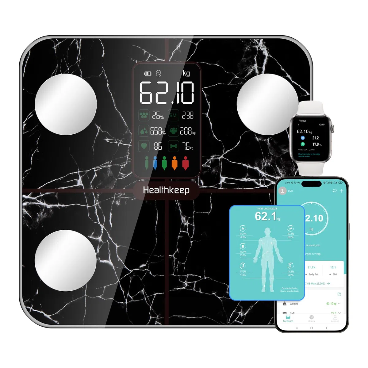 Healthkeep Báscula de Baño,Básculas Inteligentes Digitalescon Función de Frecuencia Cardíaca,15 Datos Corporales,Pantalla VA Extra Grande