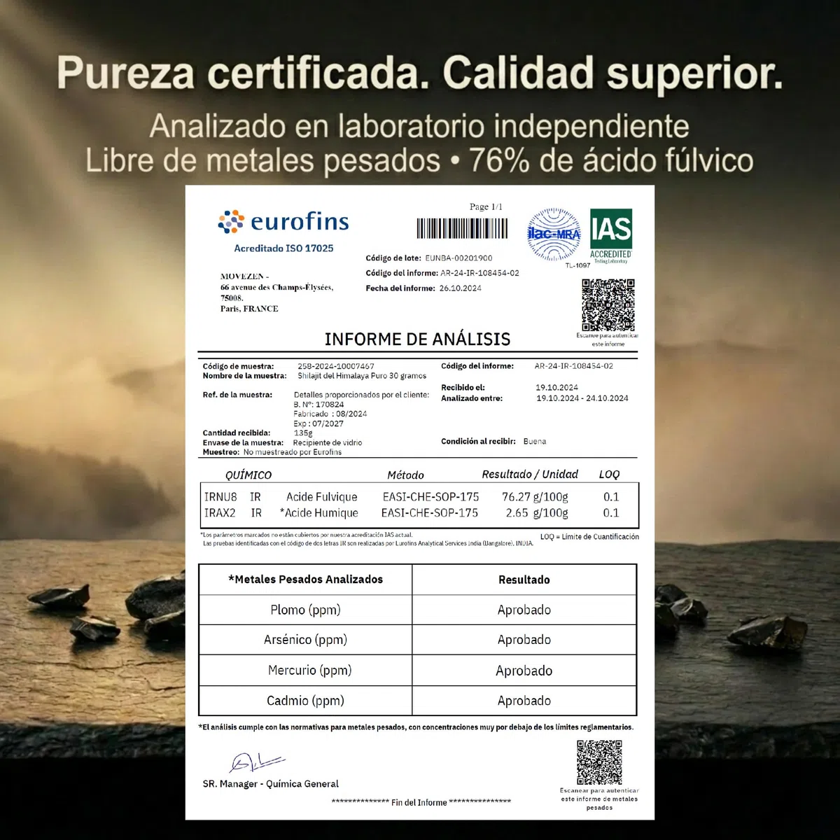 Shilajit+ MOVEZEN 30 g, resina de Shilajit puro (mumijo), ≥75% ácido fúlvico probado por Eurofins, Himalaya 5000 m, rico en 85 minerales, sin aditivos, 50 días, Halal, cuchara incluida
