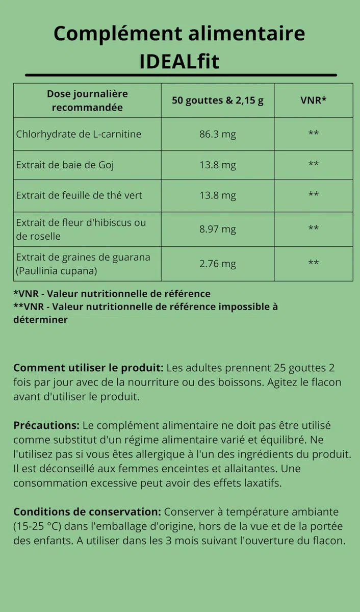 IDEALFIT gotas de Idealica 100% gotas naturales | L-Carnitina | Bayas de Goji | 20ml