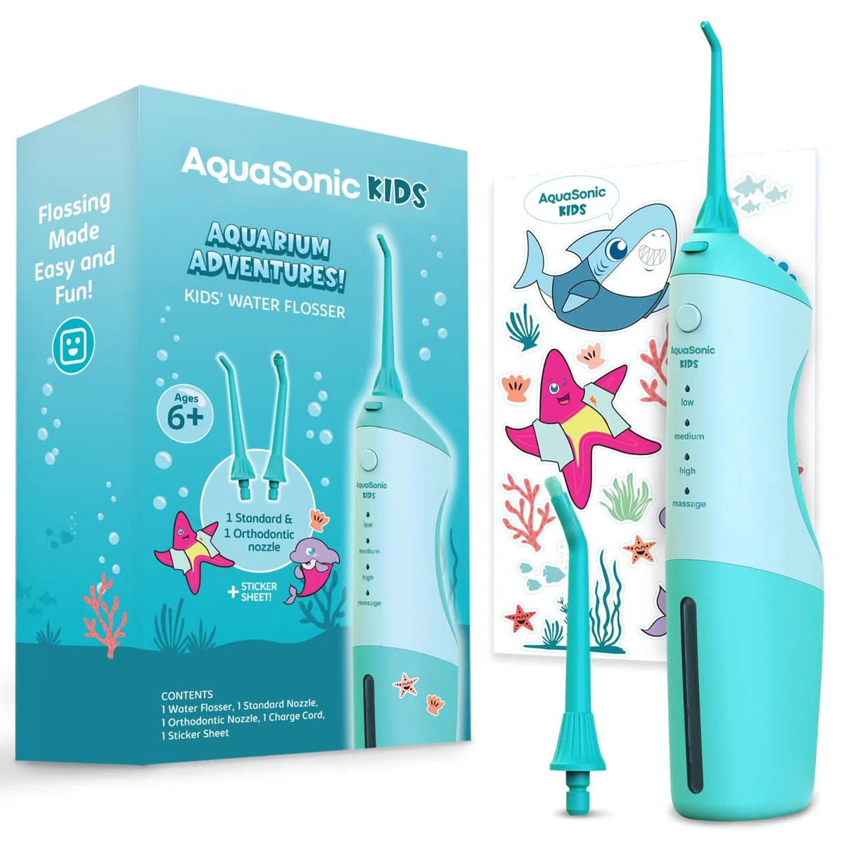 AquaSonic Hilo dental de agua para niños a partir de 6 años | Boquilla estándar, boquilla de ortodoncia y calcomanías impermeables | 4 modos de hilo dental | Tema de aventuras de acuario
