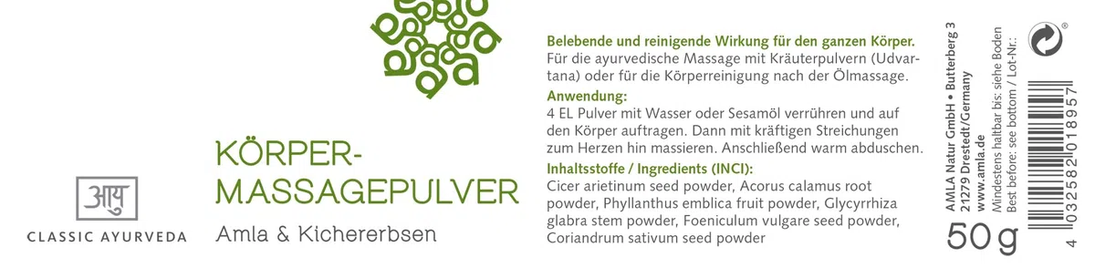 Classic Ayurveda - Polvo de masaje corporal - 50 g - Polvo de hierbas ayurvédicas para masaje corporal completo con amla y harina fina de garbanzos