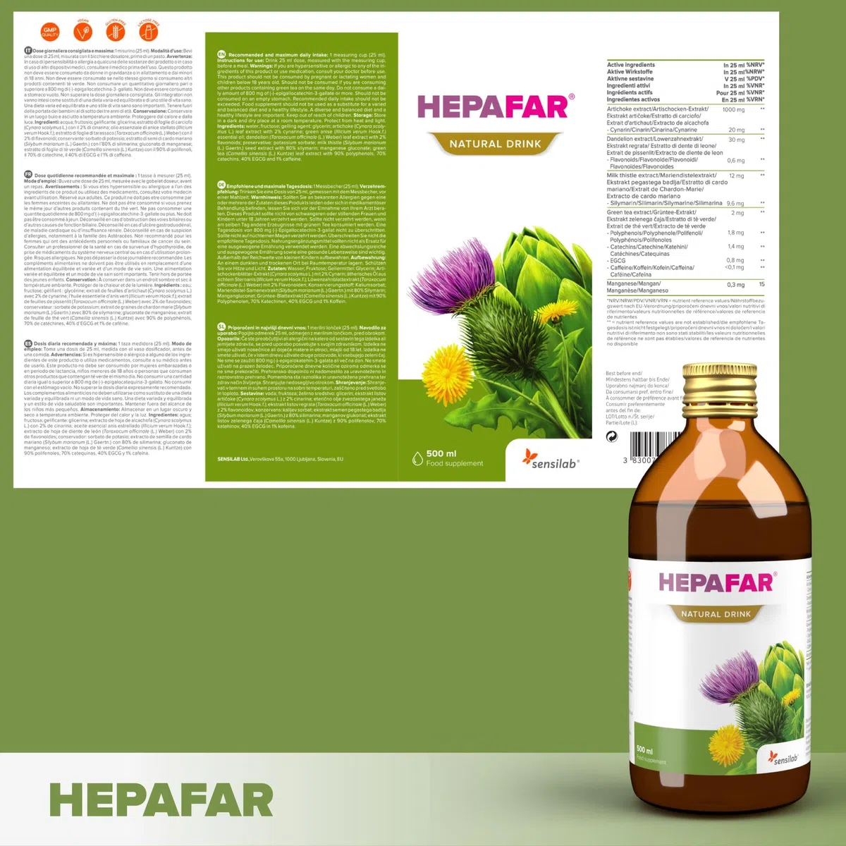 Cardo Mariano, Te Verde, Alcachofa, Diente de Leon y Manganeso - 2 x 500 ml para 40 Días - Apoyo Hepatico - Hepafar Drink Sensilab