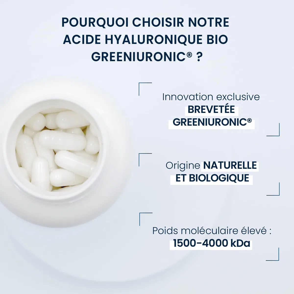Ácido hialurónico ecológico GreenIuronic – Antiarrugas, hidratación de la piel – Valorado al 80% en ácido hialurónico – Alto peso molecular de 1500 a 4000 kDa – 60 cápsulas vegetales (2 meses) (sin
