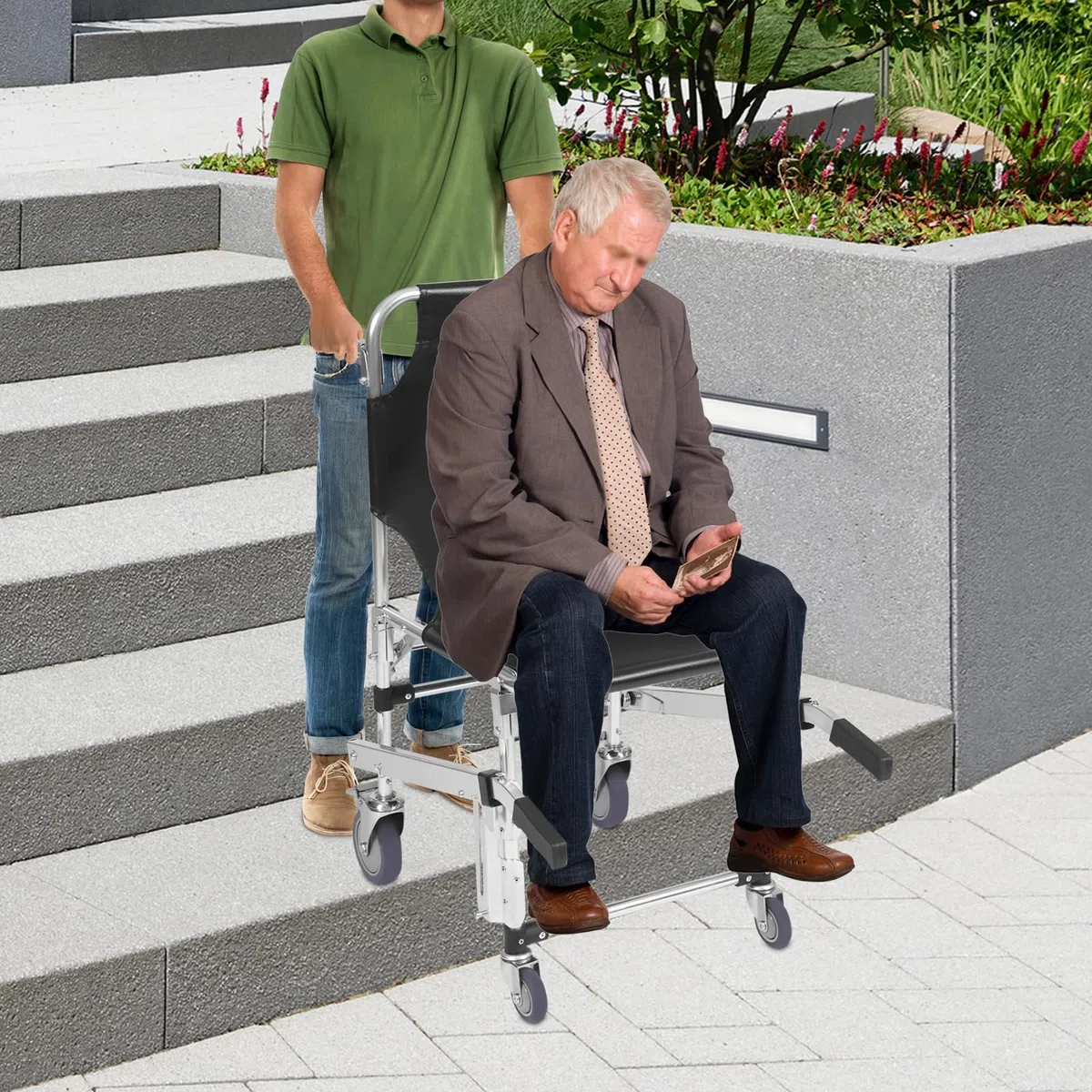 EMS - Silla de escalera de aleación de aluminio, ligera, plegable con cierre rápido, silla de evacuación para personas mayores, hasta 160 kg (negro)