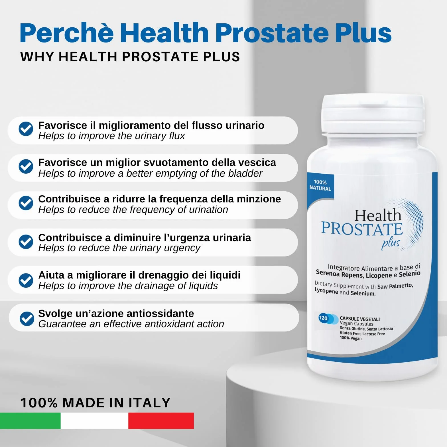 Health Prostate Plus - Suplemento para próstata y tracto urinario con Serenoa repens, licopeno y selenio - Bote de 120 cápsulas vegetales (sin dióxido de titanio y otros colorantes)