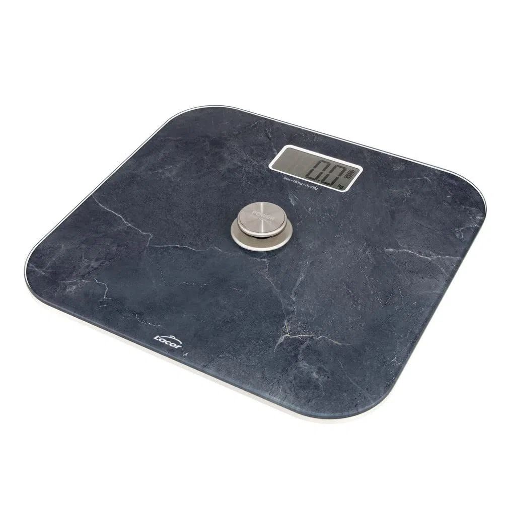 Lacor - 61742 - Báscula de Baño con sistema EcoMove Efecto Mármol, Vidrio Extraplano Templado de 5mm, Pantalla LCD, Medidas 31x29x5 cm