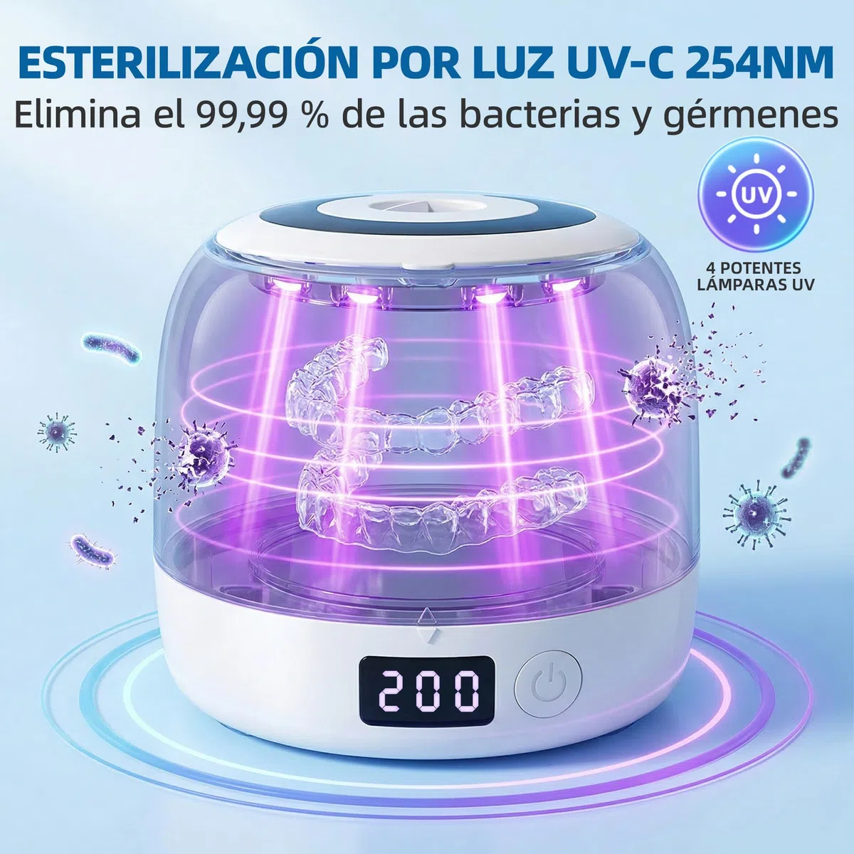 Carehabi Limpiador Ferula Dental, Limpiador Ultrasonidos Dental 45kHz con Depósito Extraíble 200mL, Máquina con Luz U-V para Retenedores, Alineadores y Joyas, Blanco