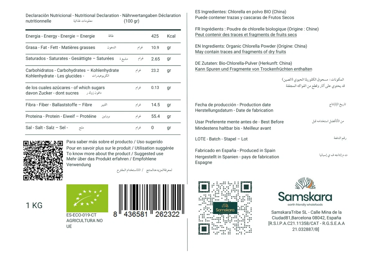 Samskara Tribe Chlorella Orgánica en Polvo | Superalimento Rico en Nutrientes | Alto en Clorofila Natural y Proteína Vegana | No GMO, Sin Gluten | 1 kg x 1 Paquete