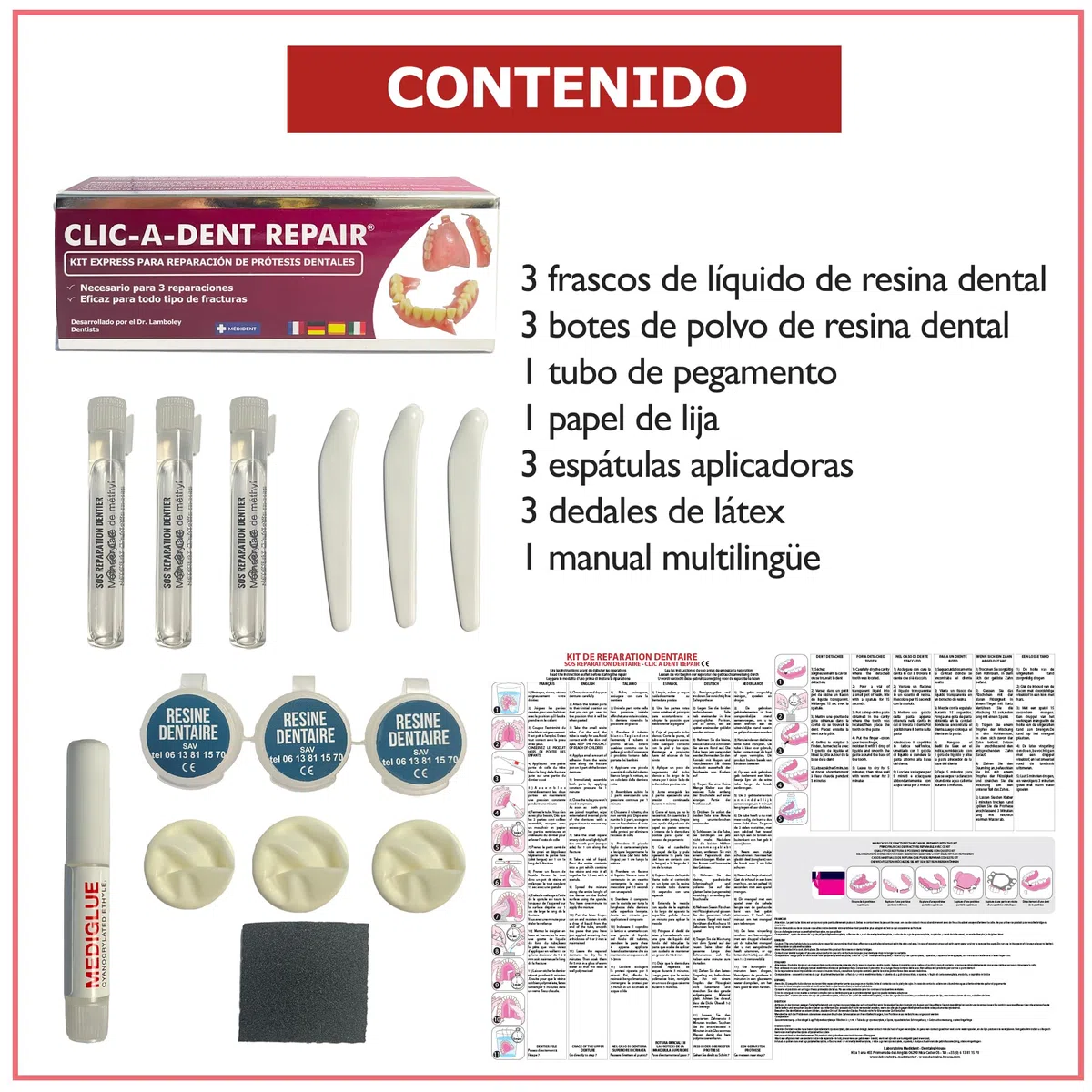 CLICADENT REPAIR- Kit de reparacion para una dentura postiza o un diente suelto