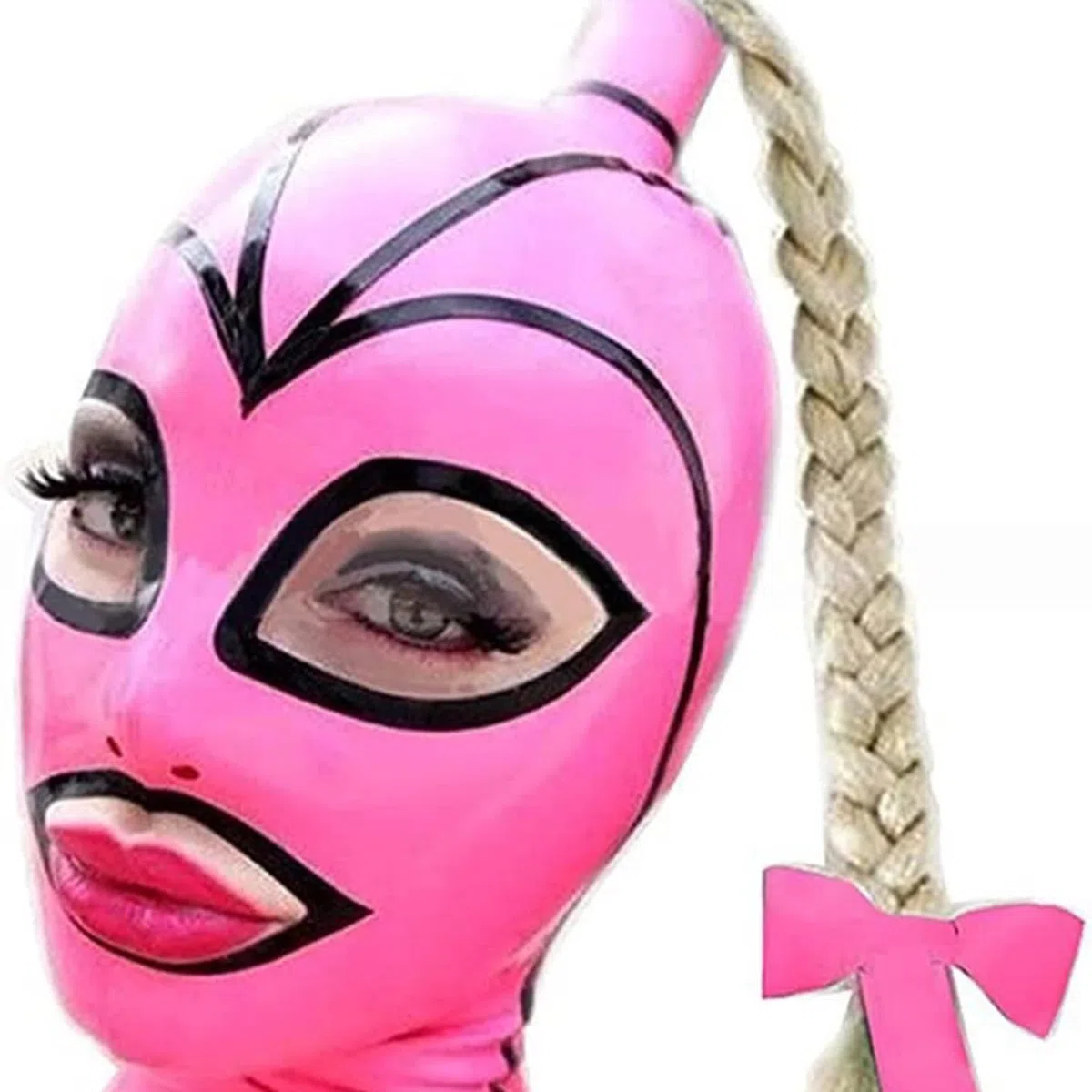 LáTex Cabeza Cubrir Rosa de Goma MáScara Abrir Los Ojos Y La Nariz con Cremallera Trasera para Fiestas Club Unisex(Size:XXL-73CM)