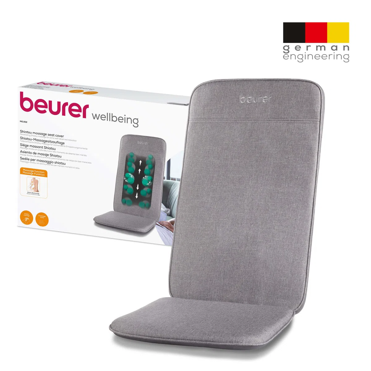 Beurer MG 202 Funda de asiento para masaje Shiatsu, masaje Shiatsu para el hogar y la oficina, 2 niveles de intensidad, carcasa de respaldo estrecha, adecuada para sillones, sofás y sillas de oficina