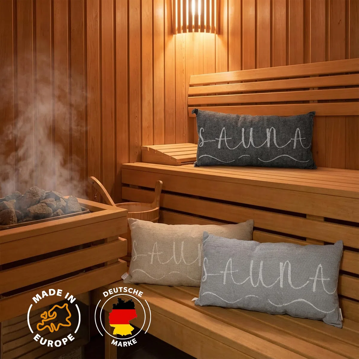 1 cojín premium para sauna y viaje | Diseño: BANGA | Dimensiones: 45 x 22 cm, 100% lino hamaca, playa o picnic (natural/blanco)