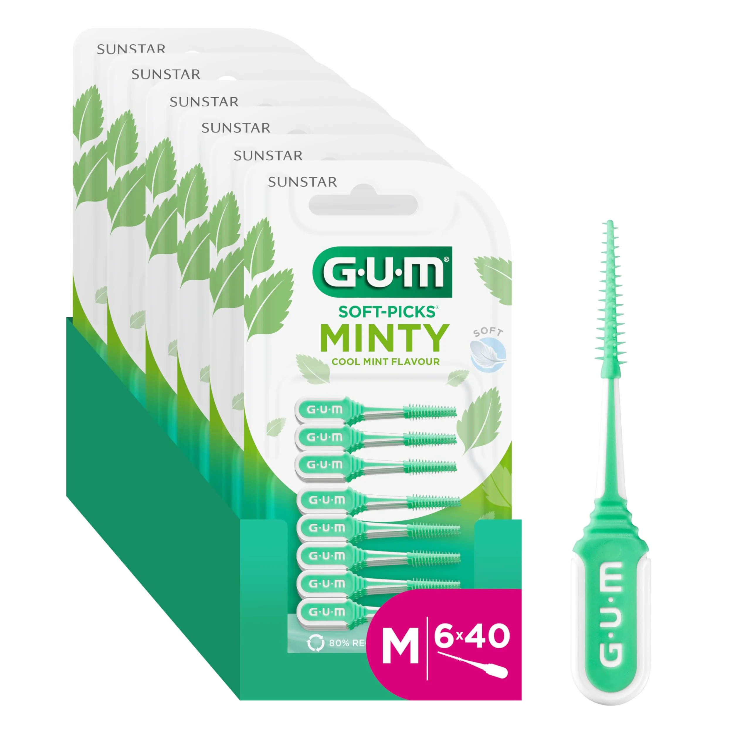 GUM SOFT-PICKS COMFORT FLEX Mint Palillos Interdentales de Goma Sabor Menta/Eliminan eficazmente la placa/Sabor a menta fresca/Tamaño mediano / 6 paquetes de 40 unidades