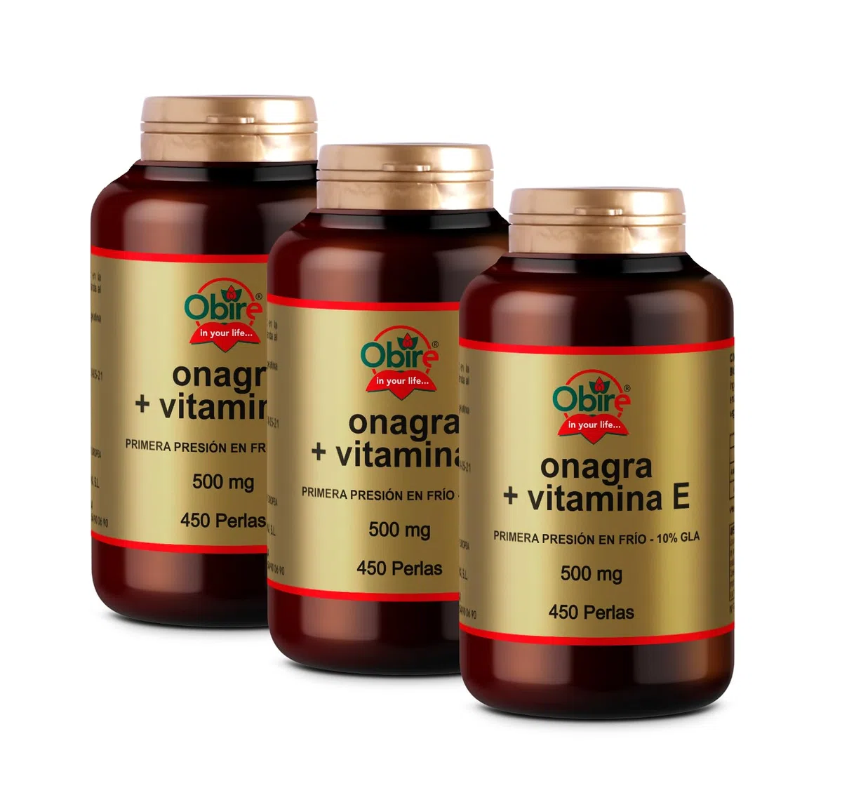 Obire Aceite de Onagra 500 mg con 10% en GLA (Ácido Gamma-linolénico) + 3,35 mg de Vitamina E - 450 perlas, 3 Unidades