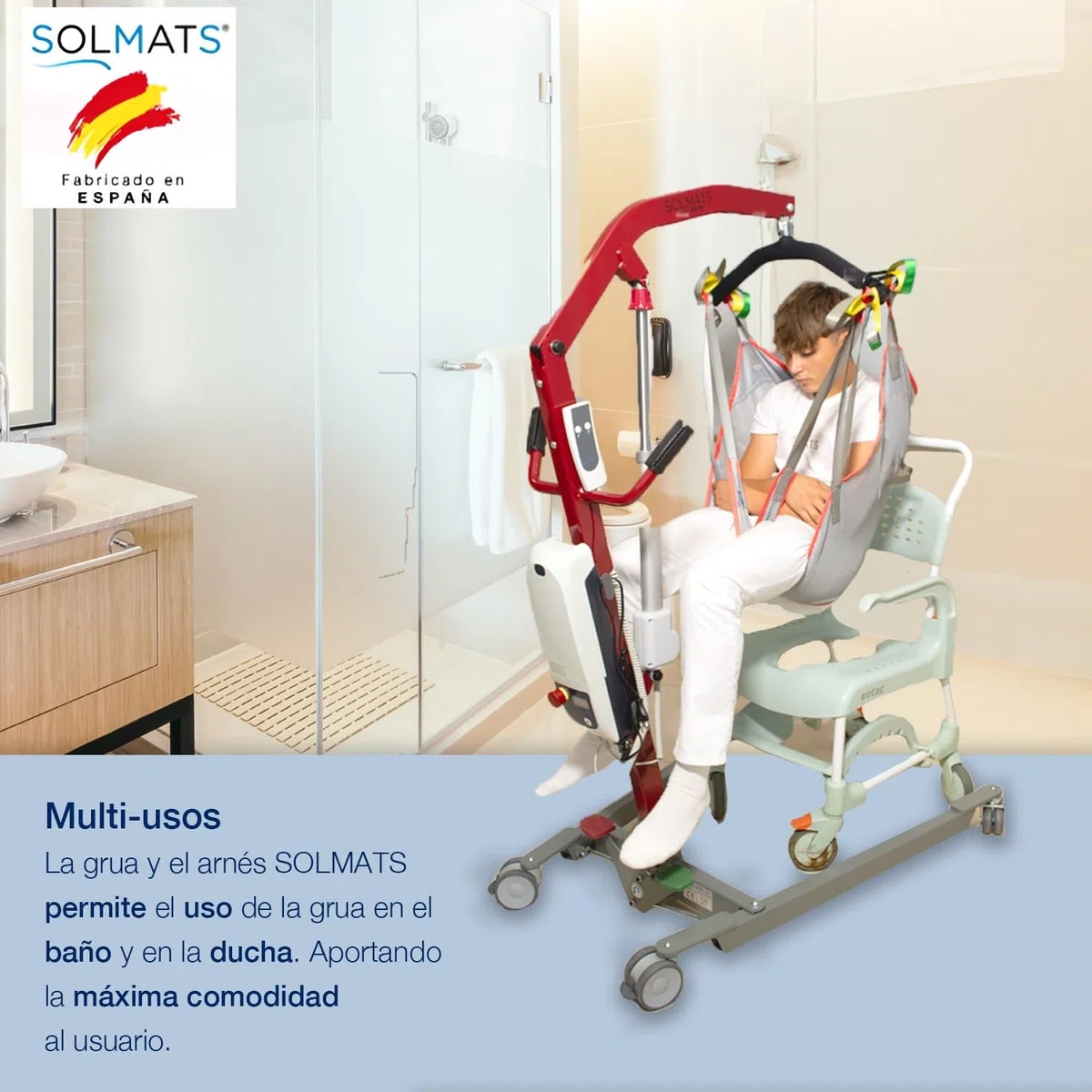 Grúa para personas mayores, Fabricado en España, Arnés profesional incluido, Grúa electrica, Grúa para enfermos, 150 kg, Elevador de pacientes, Segura y Plegable, Fácil de Usar