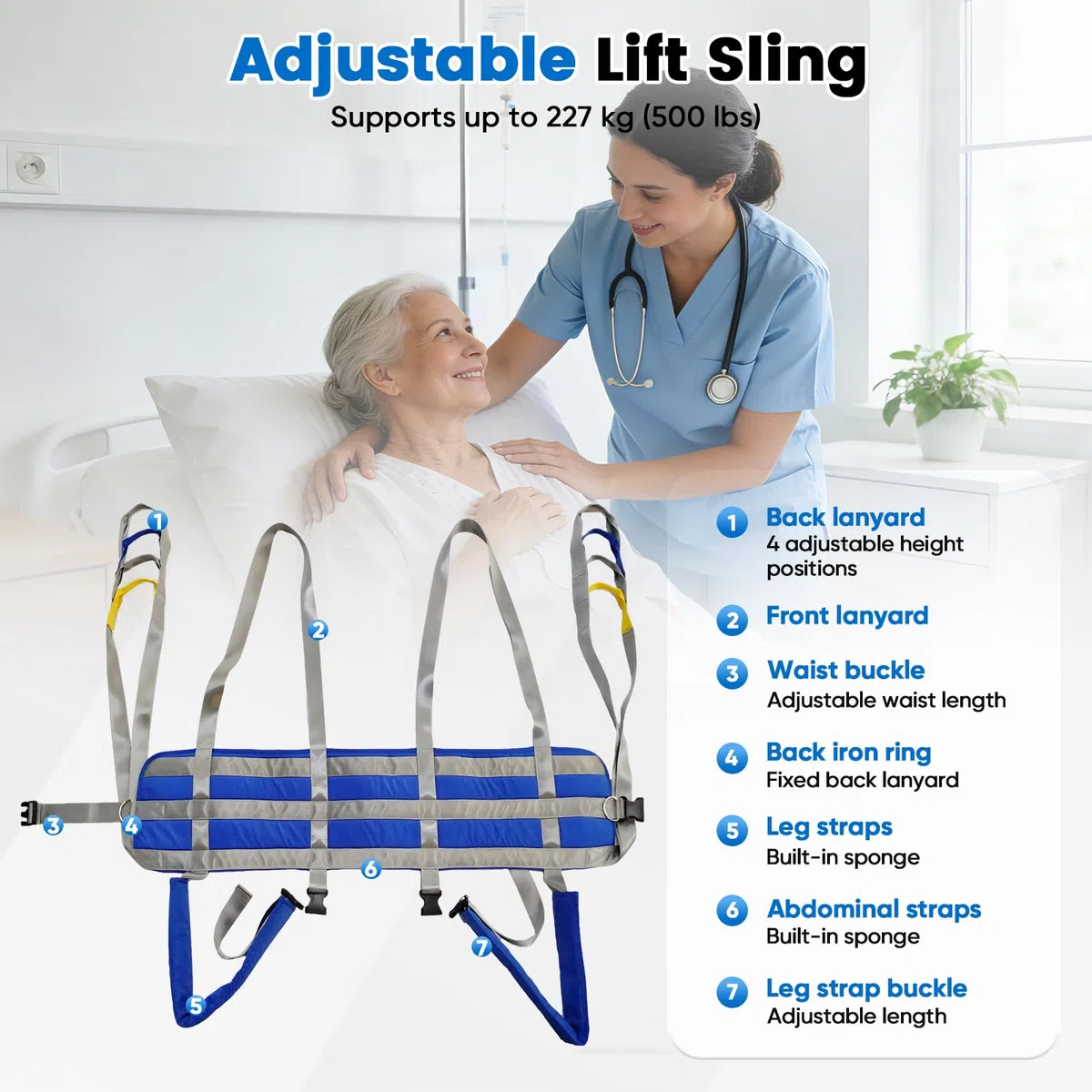 Arneses Para Grúas Pacientes, Ayuda Para Transferencia Arnés Elevación Asistida Para Grúas Pacientes Ajuste Altura 4 Niveles Peso Máximo 230Kg Compatible Con Mayoría Ayudas Y Dispositivos (M)