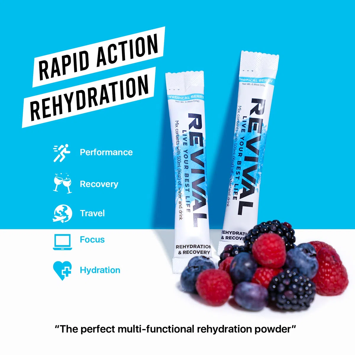 Revival Rapid Rehydration Starter Pack - Botella de Agua de Acero de 500 ml con 1 x 6 Paquetes de Sobres de Polvo de Electrolitos - Frutas de Verano