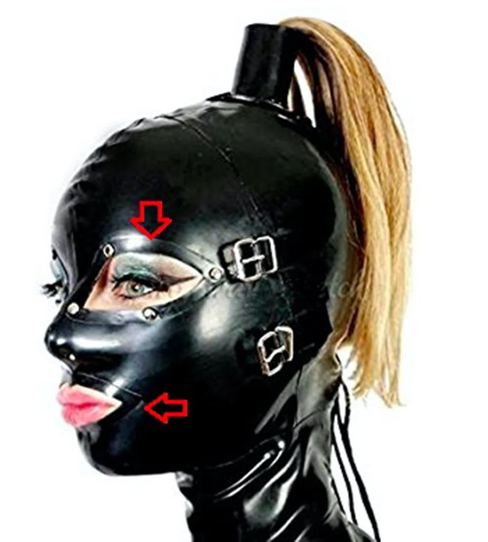 BDSM Máscara de cabeza de látex Capucha Disfraces de fetiche Restricciones eróticas Máscara extraíble para ojos y boca