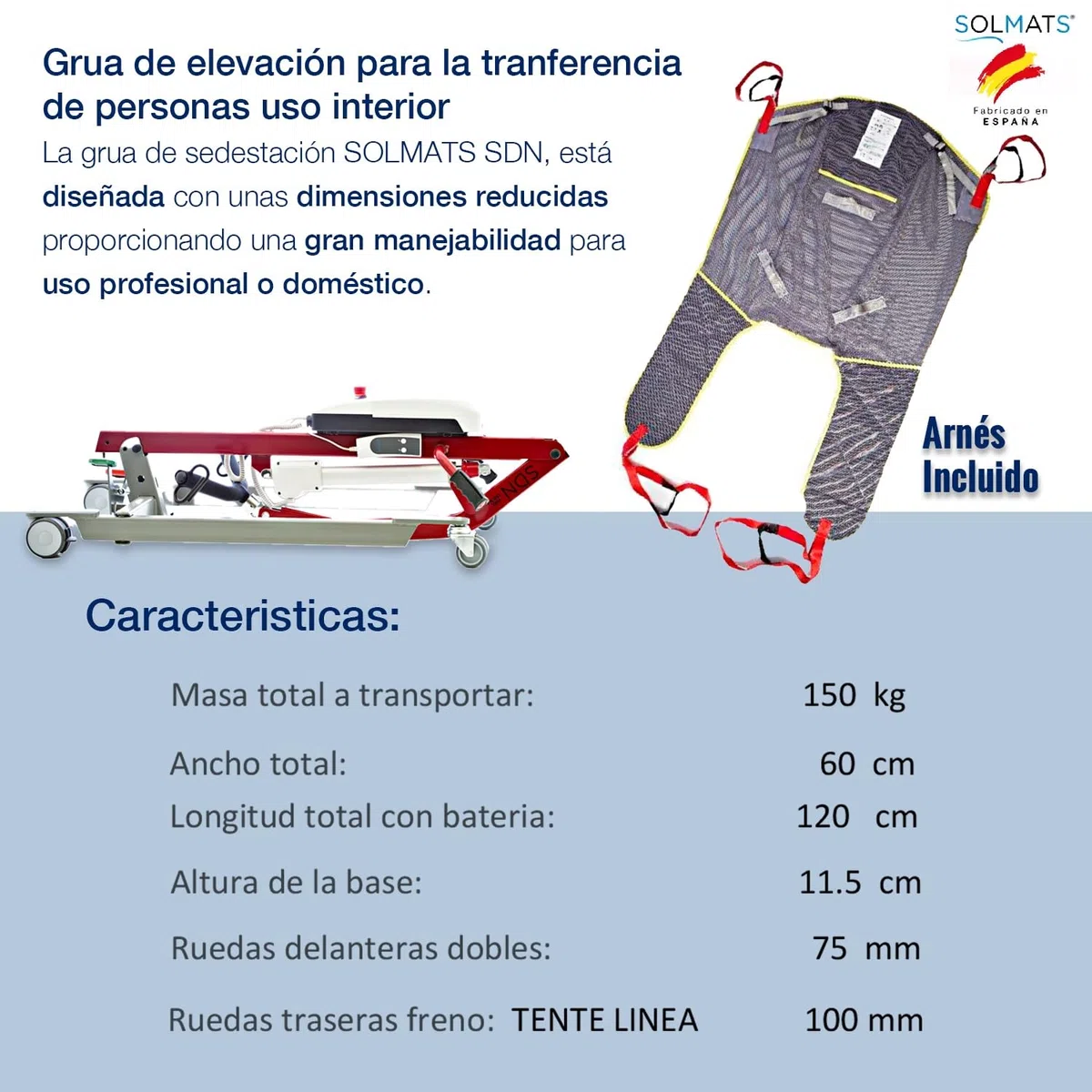 Grúa para personas mayores, Fabricado en España, Arnés profesional incluido, Grúa electrica, Grúa para enfermos, 150 kg, Elevador de pacientes, Segura y Plegable, Fácil de Usar
