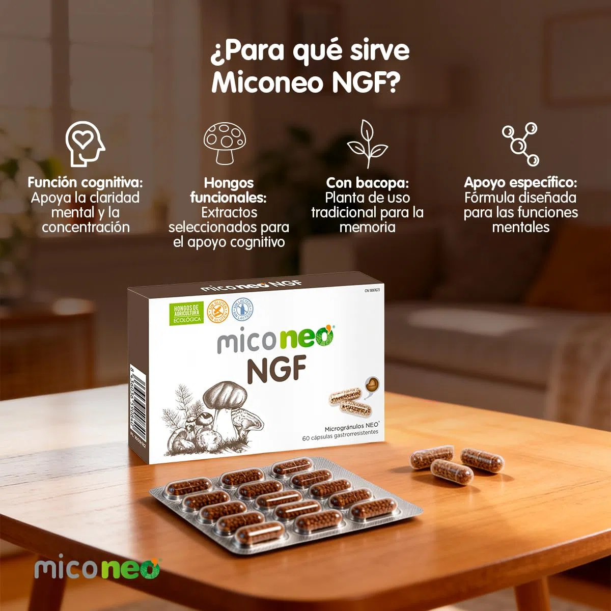 MICO NEO | NGF | 60 Cápsulas | Favorece el Rendimiento Cognitivo | Con Bacopa, Melena de león, Reishi, Cordyceps y Camu-Camu | Hongos de Agricultura Ecológica