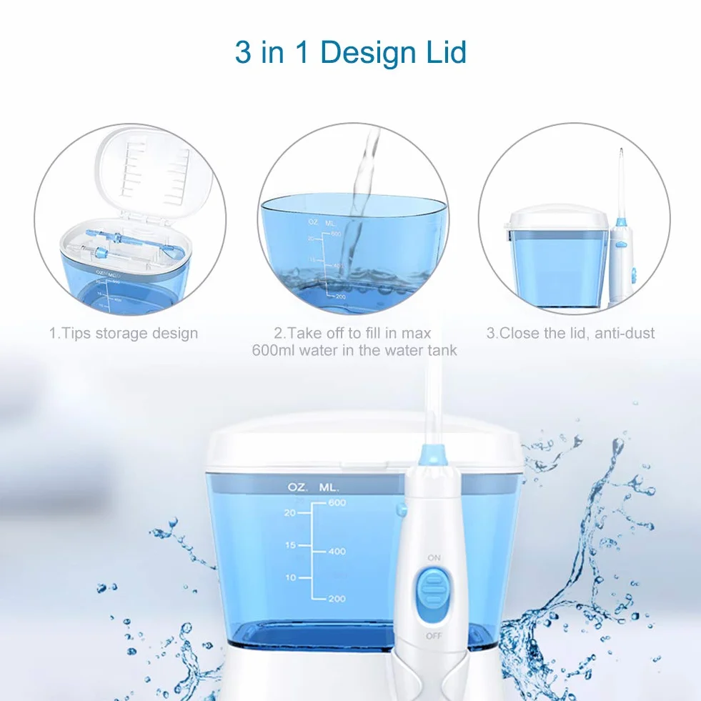 Irrigadores Dental-TUREWELL Irrigador Bucales con 8 Boquillas 10 Ajustes de Presión Del Agua, 600 ML Gran Capacidad de Depósito,IPX7 Impermeable Limpieza Dental