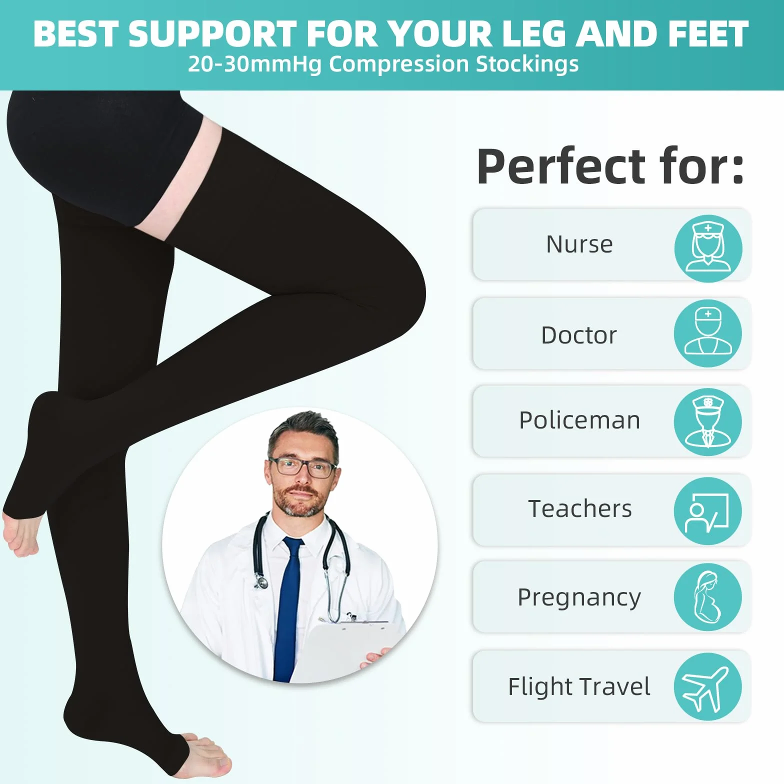 2 pares de medias de compresión médicas para hombre y mujer, 20 – 30 mmHg, clase II muslo largas medias de compresión para viajes en avión Soporte graduado para venas varicosas