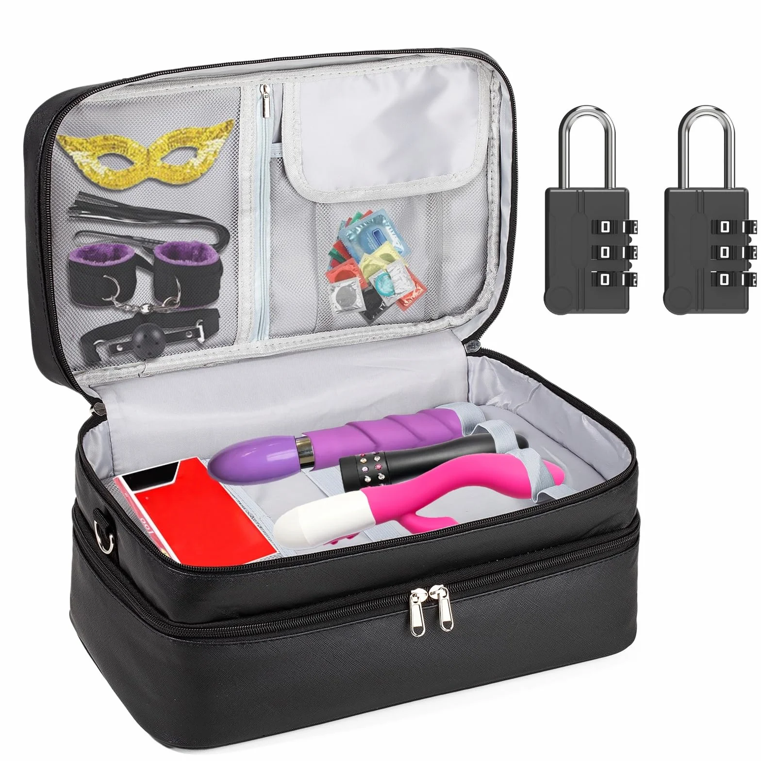 Bolsa de almacenamiento con cierre para juguetes sexuales – Caja organizadora de doble capa con 2 cerraduras de combinación, almacenamiento discreto para vibradores, lubricantes y accesorios