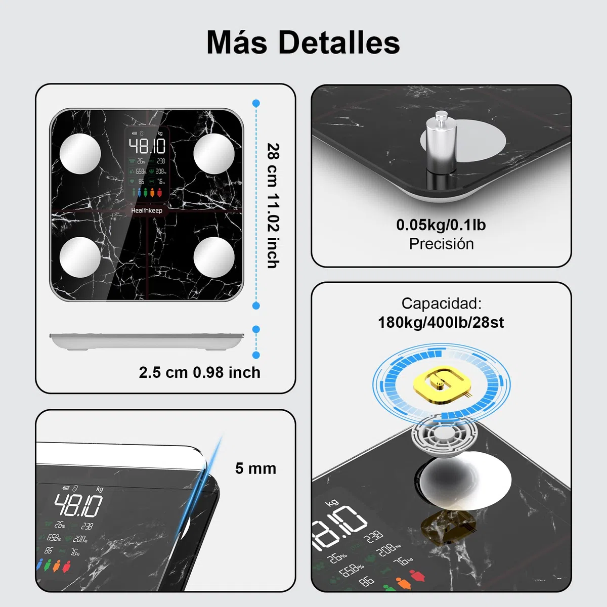 Healthkeep Báscula de Baño,Básculas Inteligentes Digitalescon Función de Frecuencia Cardíaca,15 Datos Corporales,Pantalla VA Extra Grande