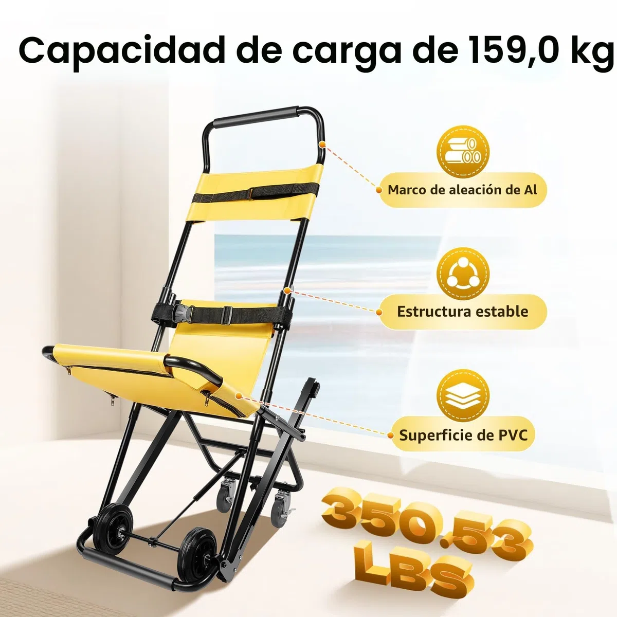 Silla de escalera plegable, silla de evacuación para escaleras con cinturones de seguridad, silla de ruedas para subir escaleras, elevador de escaleras portátil médico para ancianos y